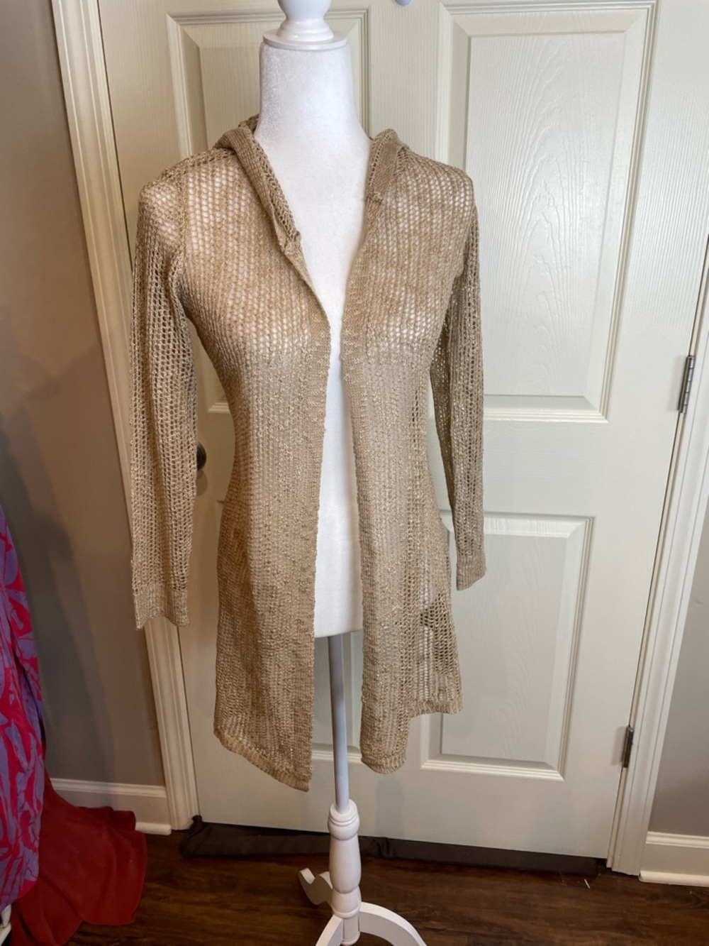 Soft surroundings Lightweight Open-Knit Hooded Cardigan - tan gold XS